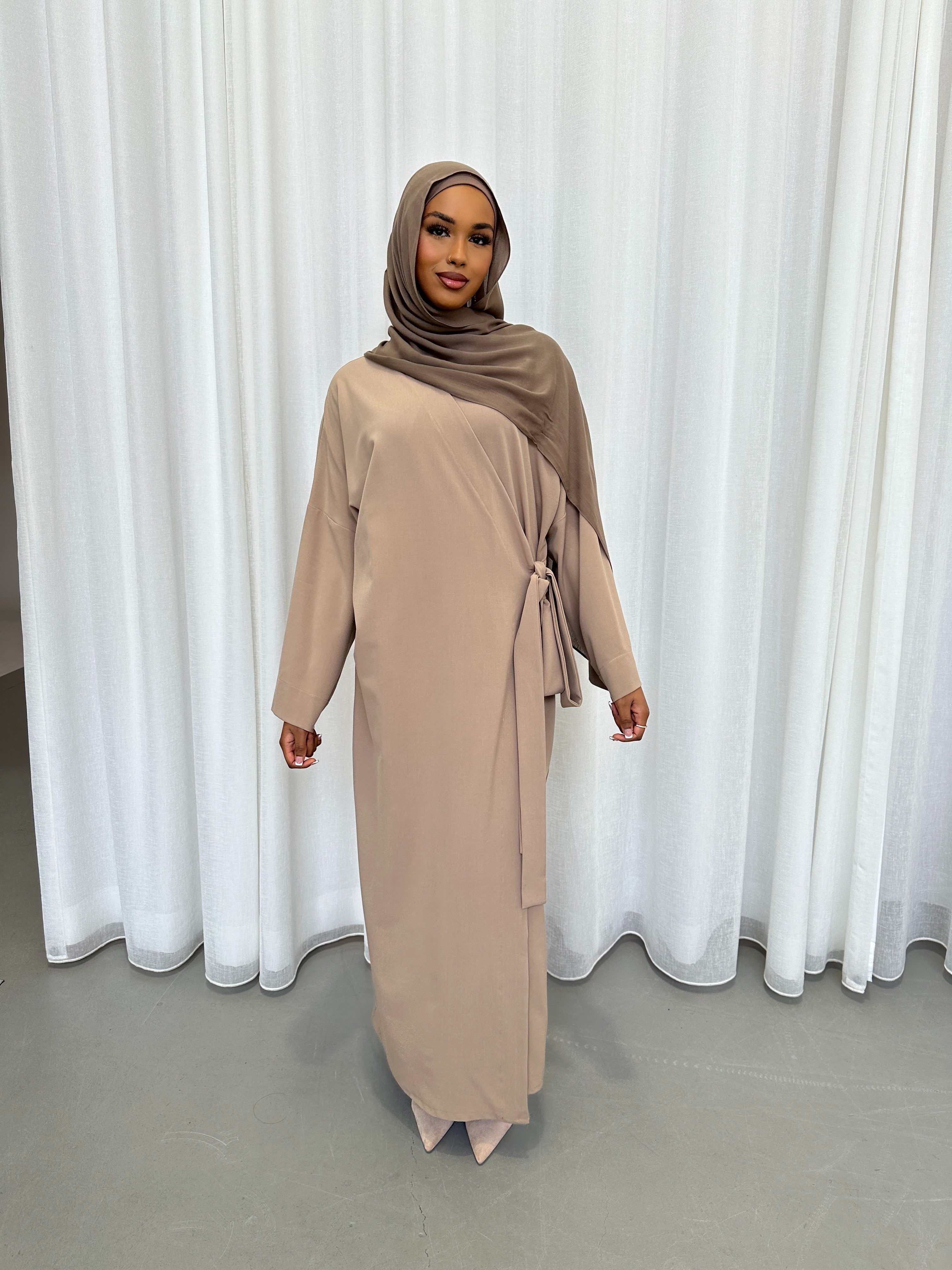 Wrap kimono dress crossover style long sleeves built in waist tie