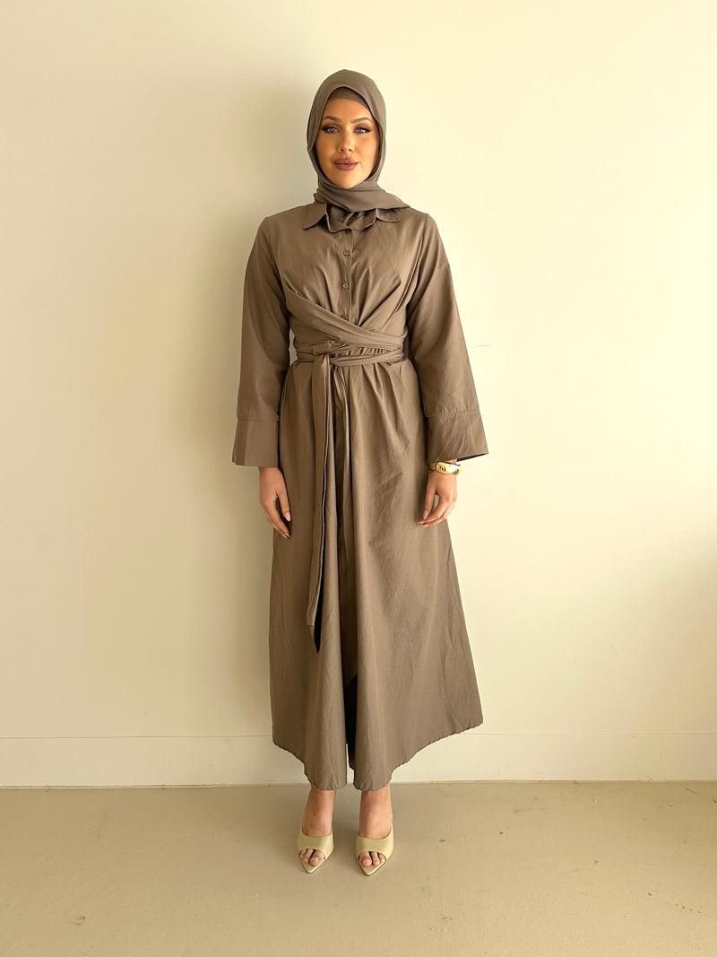 woman wearing modest long sleeve maxi spring/summer dress in mocha, full length, lightweight and wrap dress with buttons