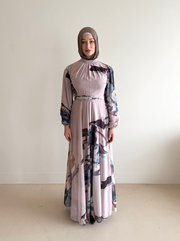 women's maxi chiffon printed dress with abstract print and long sleeve or modest, hijabi women for spring/summer.