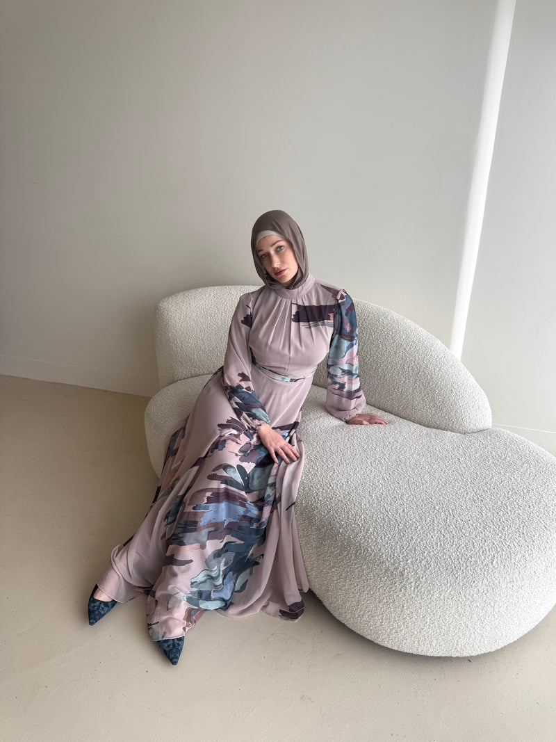 women's maxi chiffon printed dress with abstract print and long sleeve or modest, hijabi women for spring/summer.