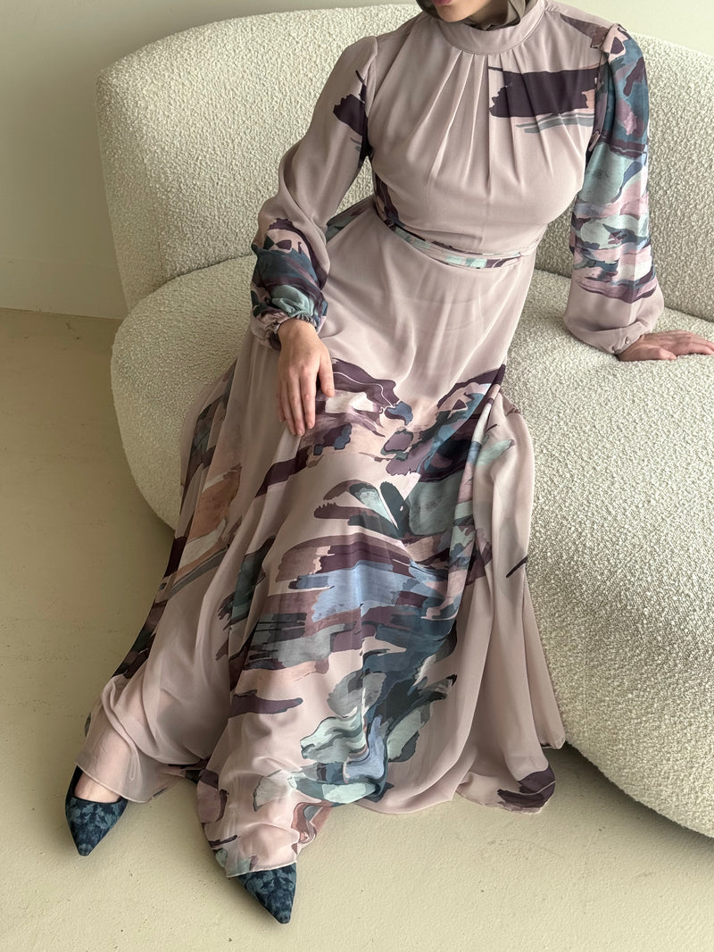 women's maxi chiffon printed dress with abstract print and long sleeve or modest, hijabi women for spring/summer.