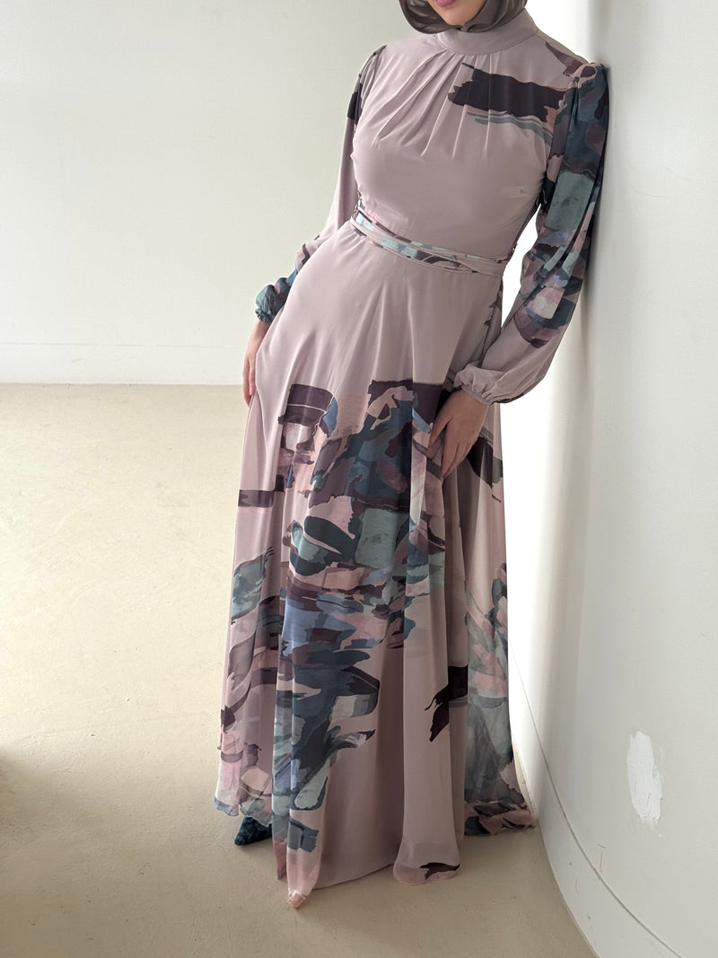 women's maxi chiffon printed dress with abstract print and long sleeve or modest, hijabi women for spring/summer.