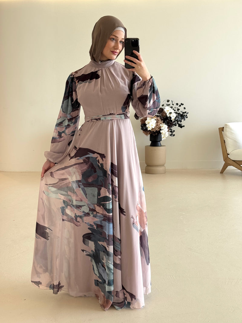 women's maxi chiffon printed dress with abstract print and long sleeve or modest, hijabi women for spring/summer.