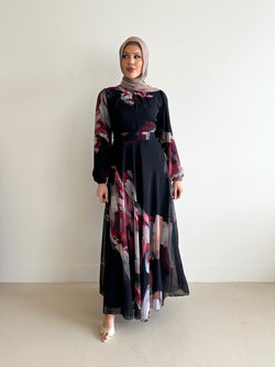 women's long sleeve, maxi abstract print dress, modest with hijab, black, spring/summer dress