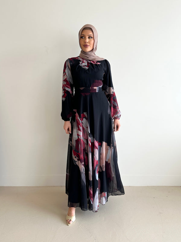 women's long sleeve, maxi abstract print dress, modest with hijab, black, spring/summer dress