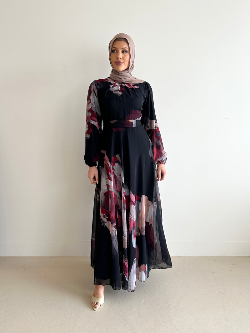 women's long sleeve, maxi abstract print dress, modest with hijab, black, spring/summer dress