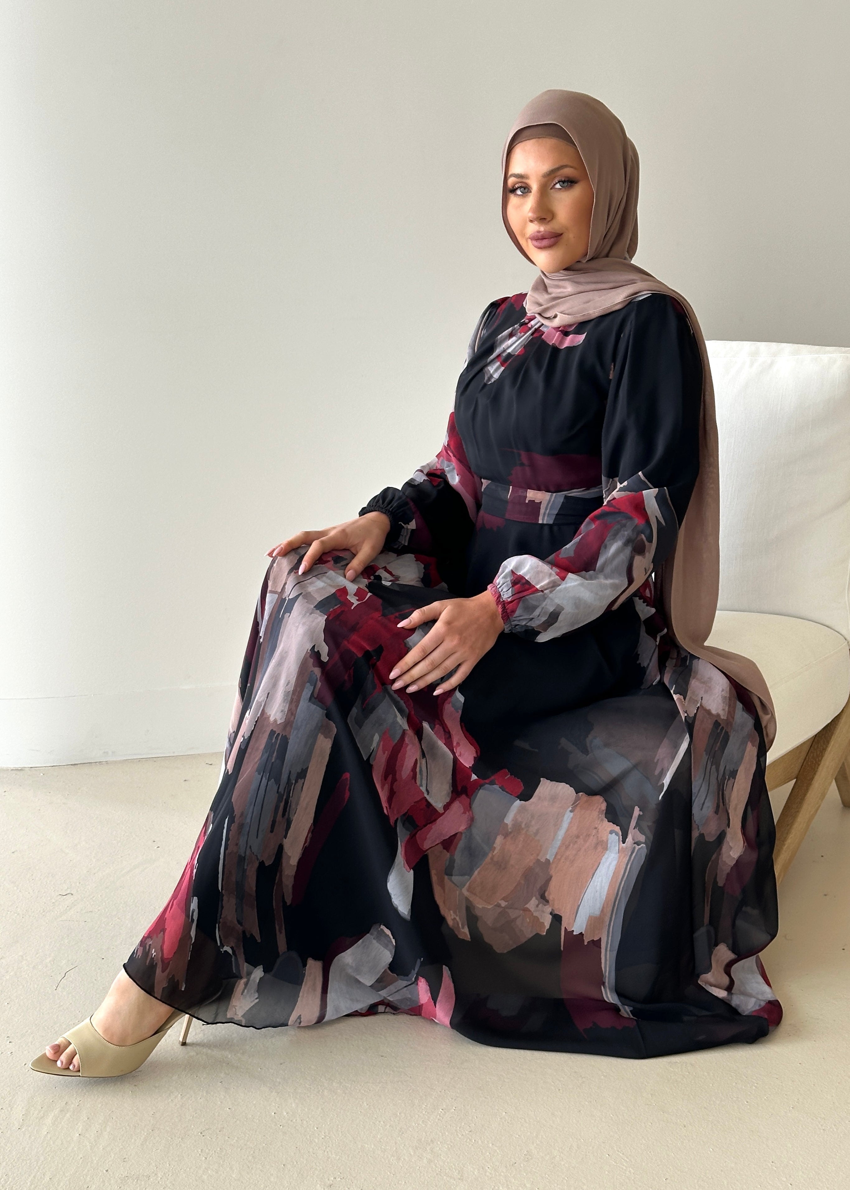 women's long sleeve, maxi abstract print dress, modest with hijab, black, spring/summer dress