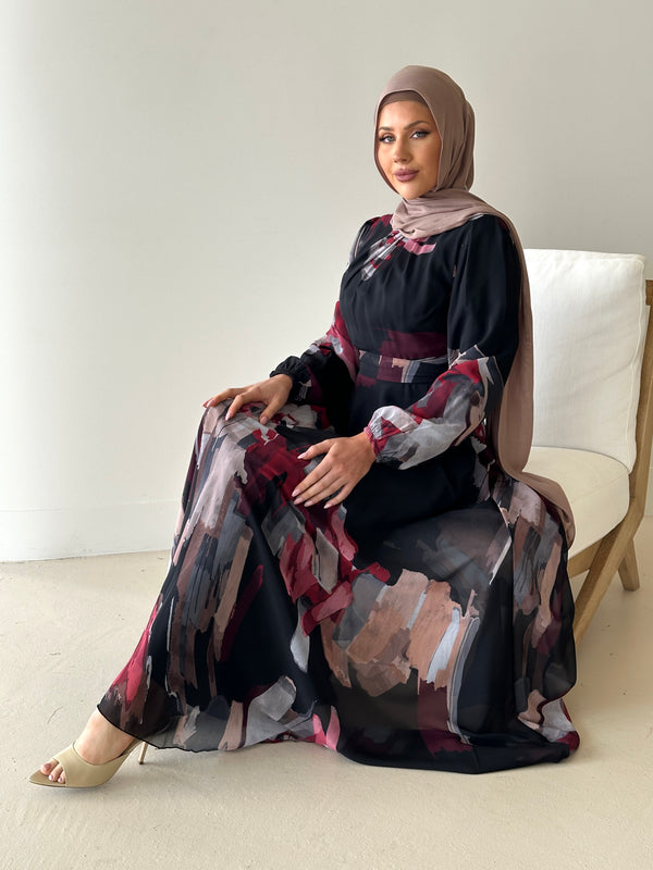 women's long sleeve, maxi abstract print dress, modest with hijab, black, spring/summer dress