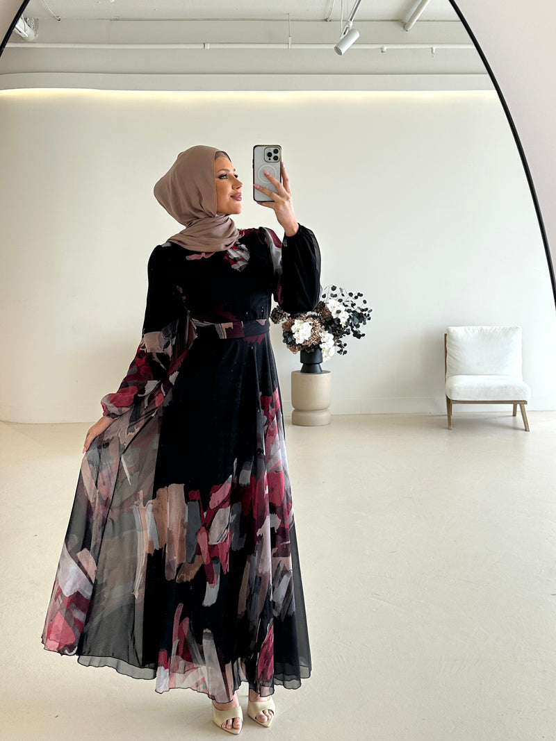 women's long sleeve, maxi abstract print dress, modest with hijab, black, spring/summer dress