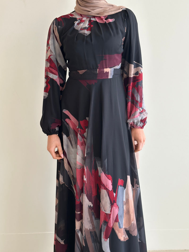women's long sleeve, maxi abstract print dress, modest with hijab, black, spring/summer dress