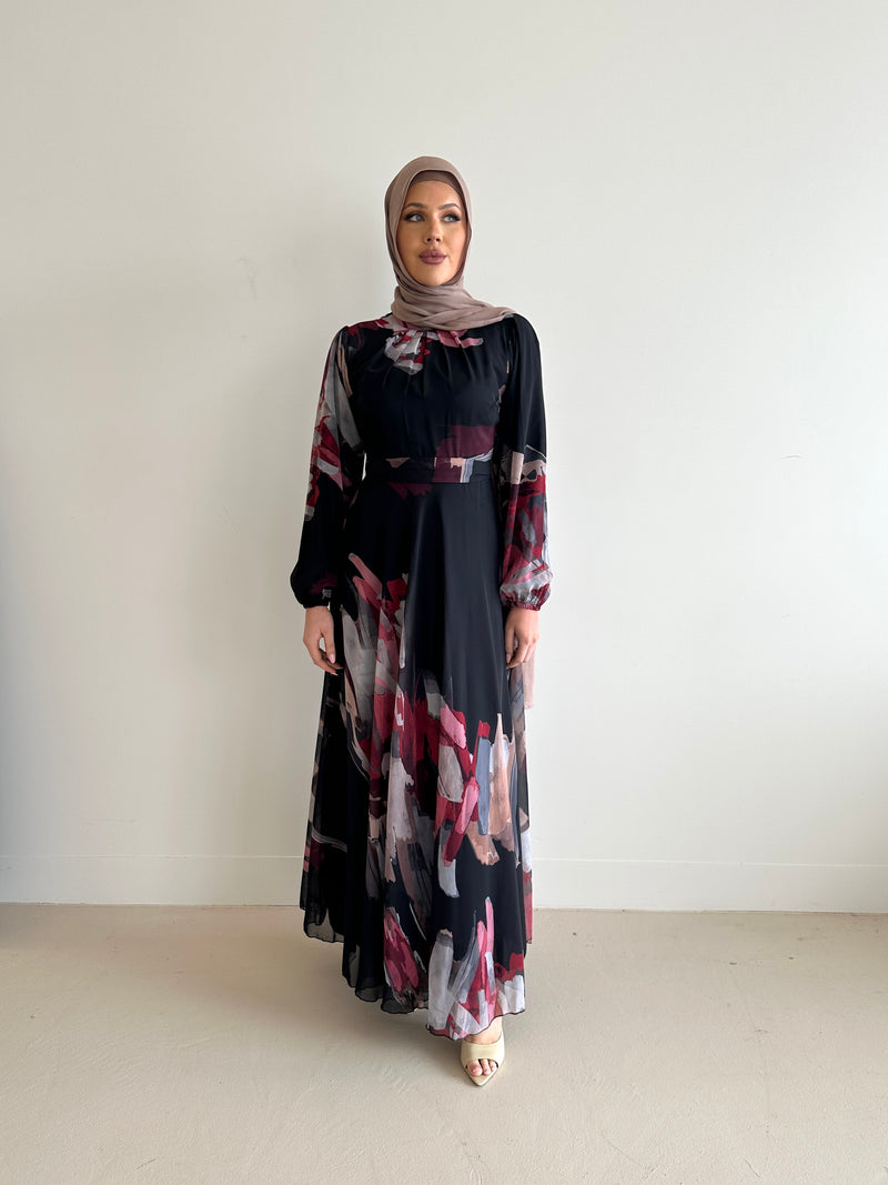 women's long sleeve, maxi abstract print dress, modest with hijab, black, spring/summer dress