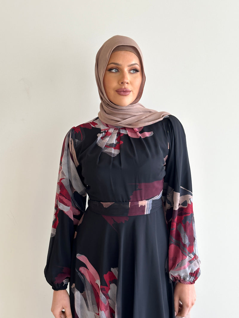 women's long sleeve, maxi abstract print dress, modest with hijab, black, spring/summer dress