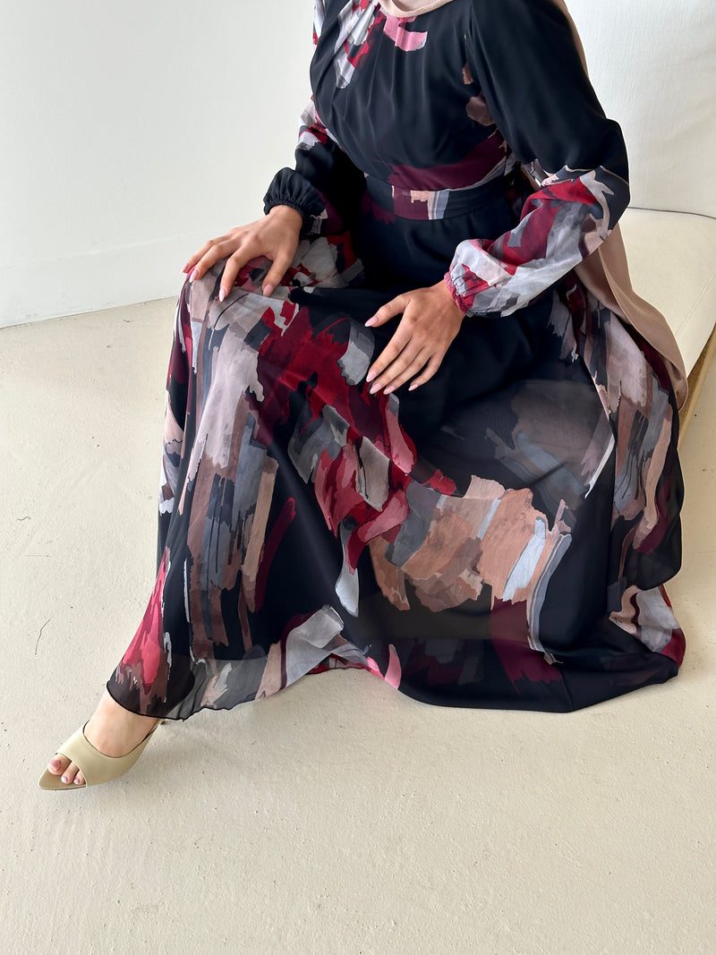 women's long sleeve, maxi abstract print dress, modest with hijab, black, spring/summer dress