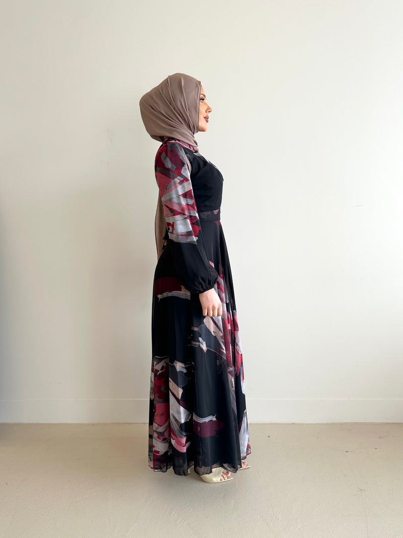 women's long sleeve, maxi abstract print dress, modest with hijab, black, spring/summer dress