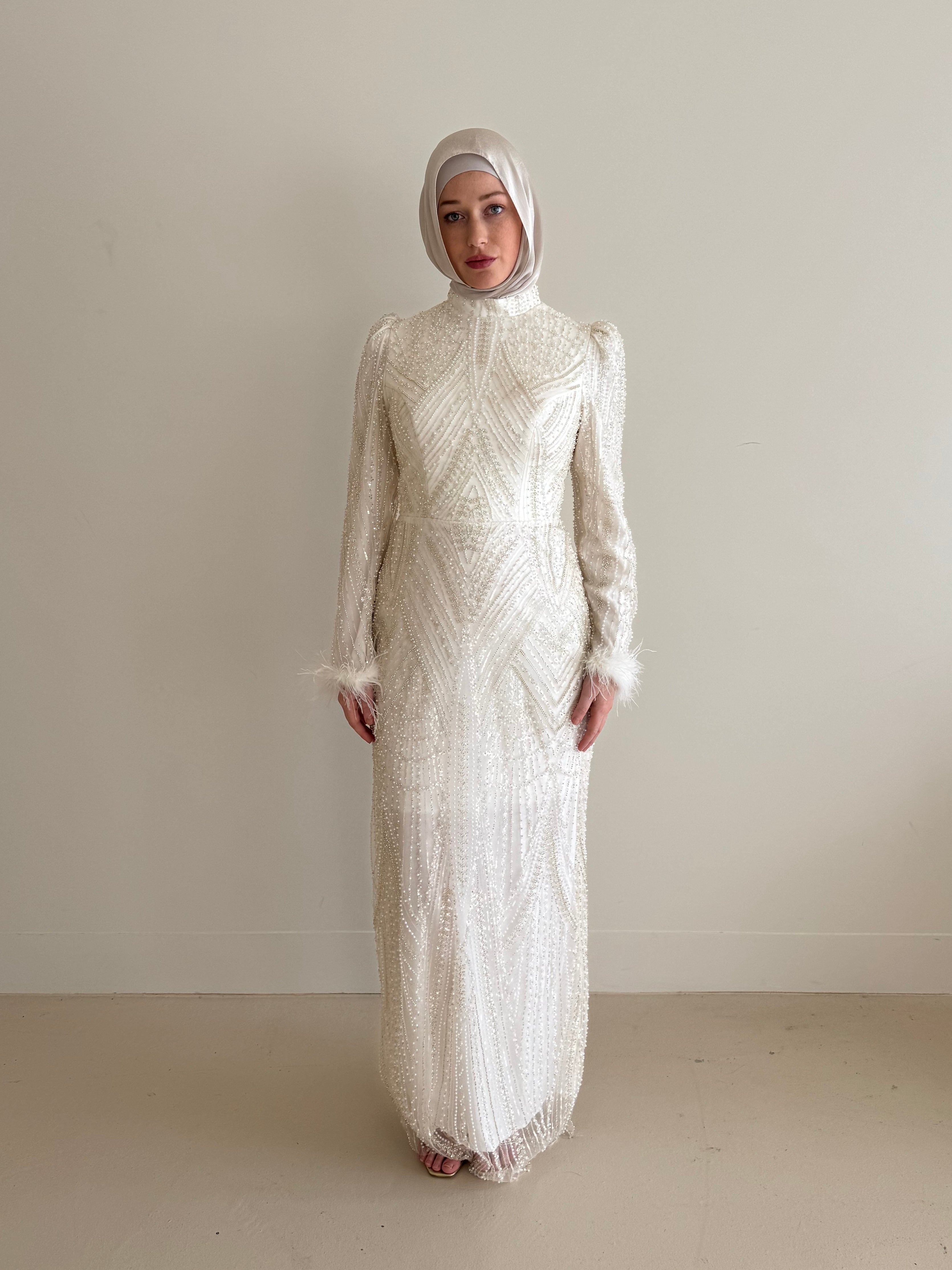 bridal modest nikkah formal dress in ivory with sequins and pearls with long sleeves and maxi full length