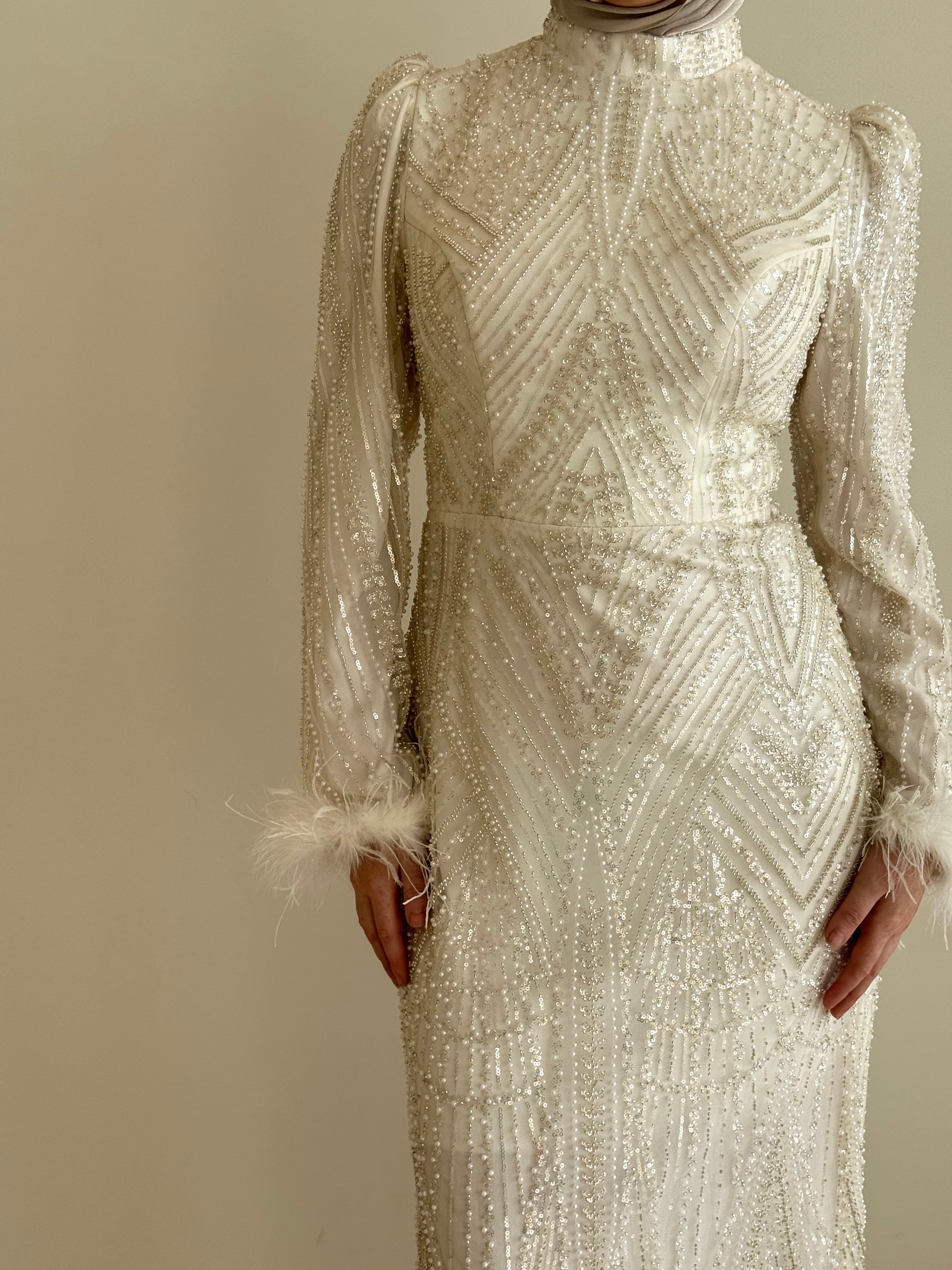bridal modest nikkah formal dress in ivory with sequins and pearls with long sleeves and maxi full length