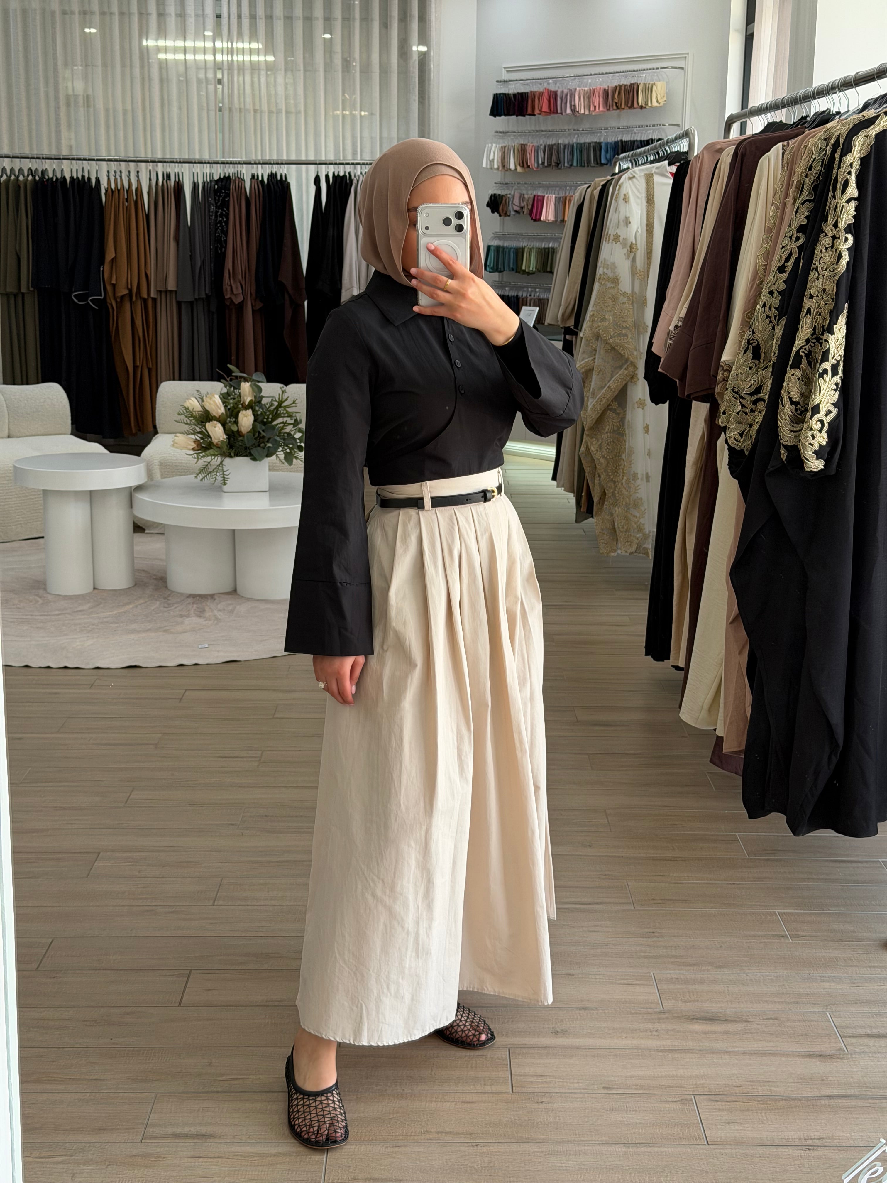 Amara flow skirt styled with a modest top for an effortless everyday look.