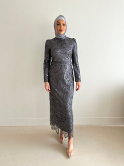 women wearing modest embellished formal dress, maxi, long sleeve with hijab in grey