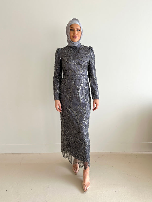 women wearing modest embellished formal dress, maxi, long sleeve with hijab in grey