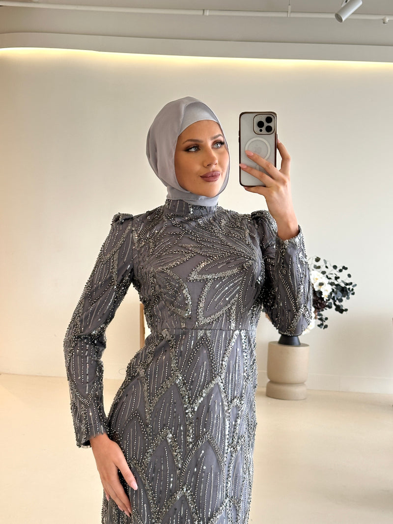 women wearing modest embellished formal dress, maxi, long sleeve with hijab in grey