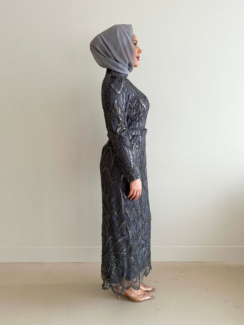 women wearing modest embellished formal dress, maxi, long sleeve with hijab in grey