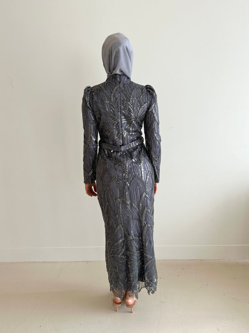 women wearing modest embellished formal dress, maxi, long sleeve with hijab in grey
