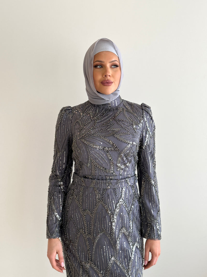 women wearing modest embellished formal dress, maxi, long sleeve with hijab in grey