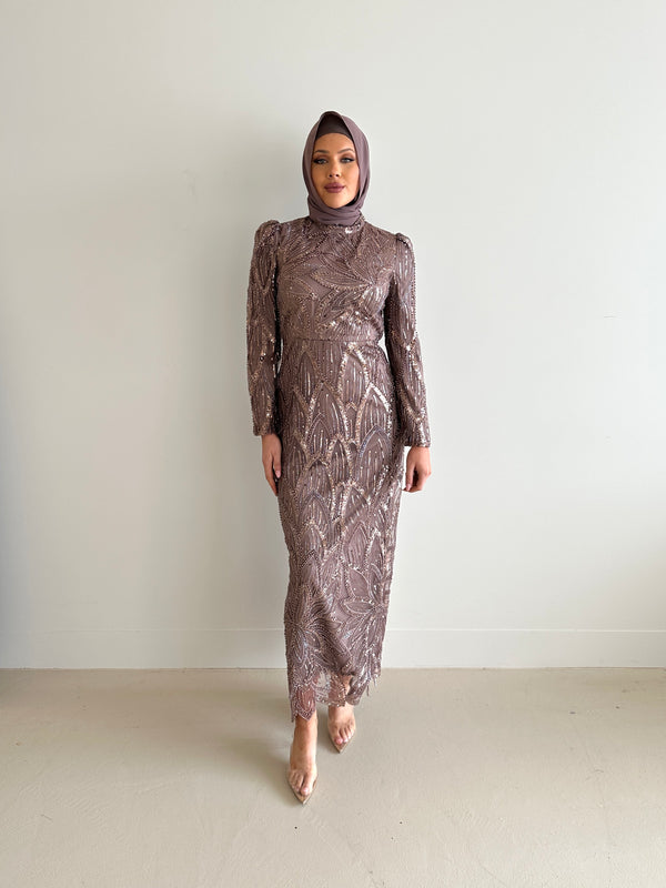 women wearing modest embellished formal dress, maxi, long sleeve with hijab in rose