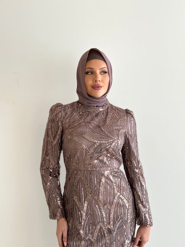 women wearing modest embellished formal dress, maxi, long sleeve with hijab in rose