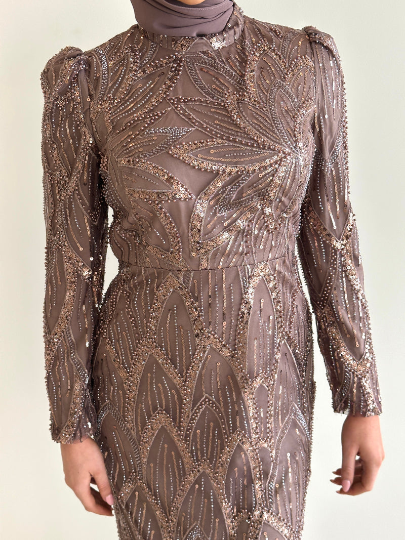 women wearing modest embellished formal dress, maxi, long sleeve with hijab in rose