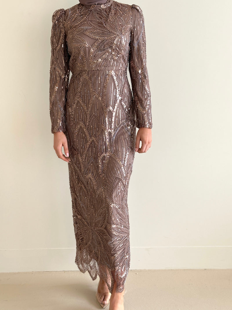 women wearing modest embellished formal dress, maxi, long sleeve with hijab in rose