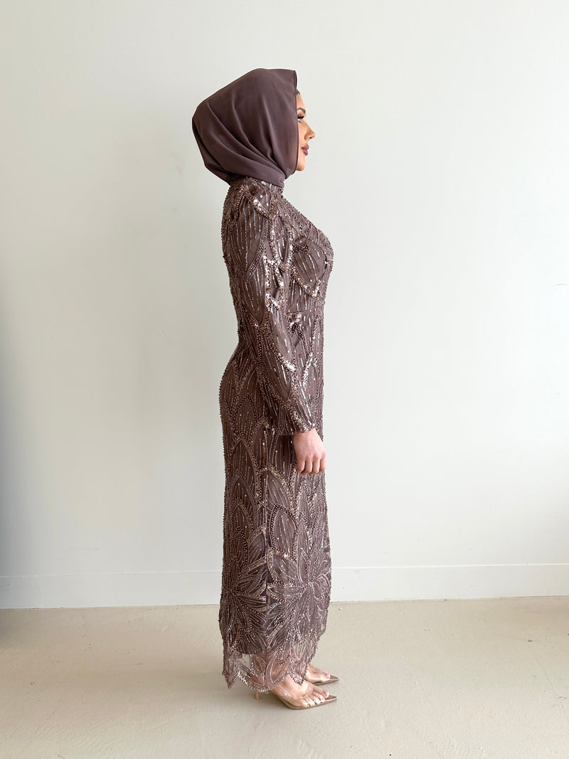 women wearing modest embellished formal dress, maxi, long sleeve with hijab in rose