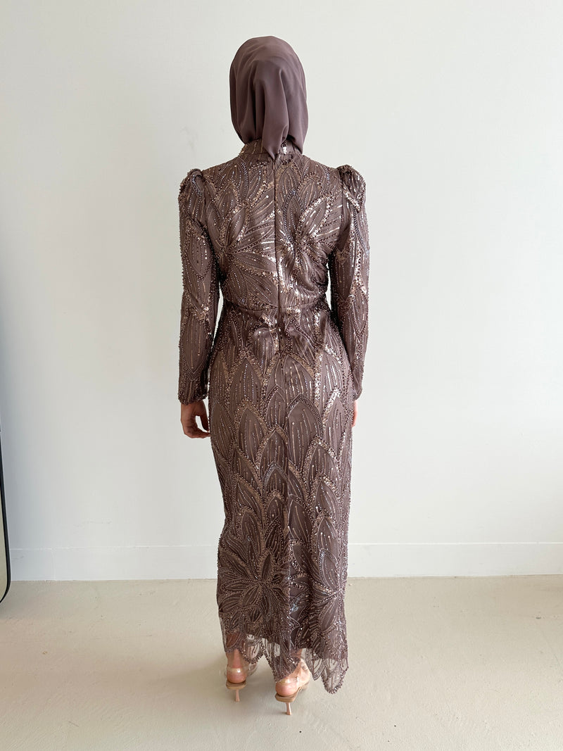 women wearing modest embellished formal dress, maxi, long sleeve with hijab in rose