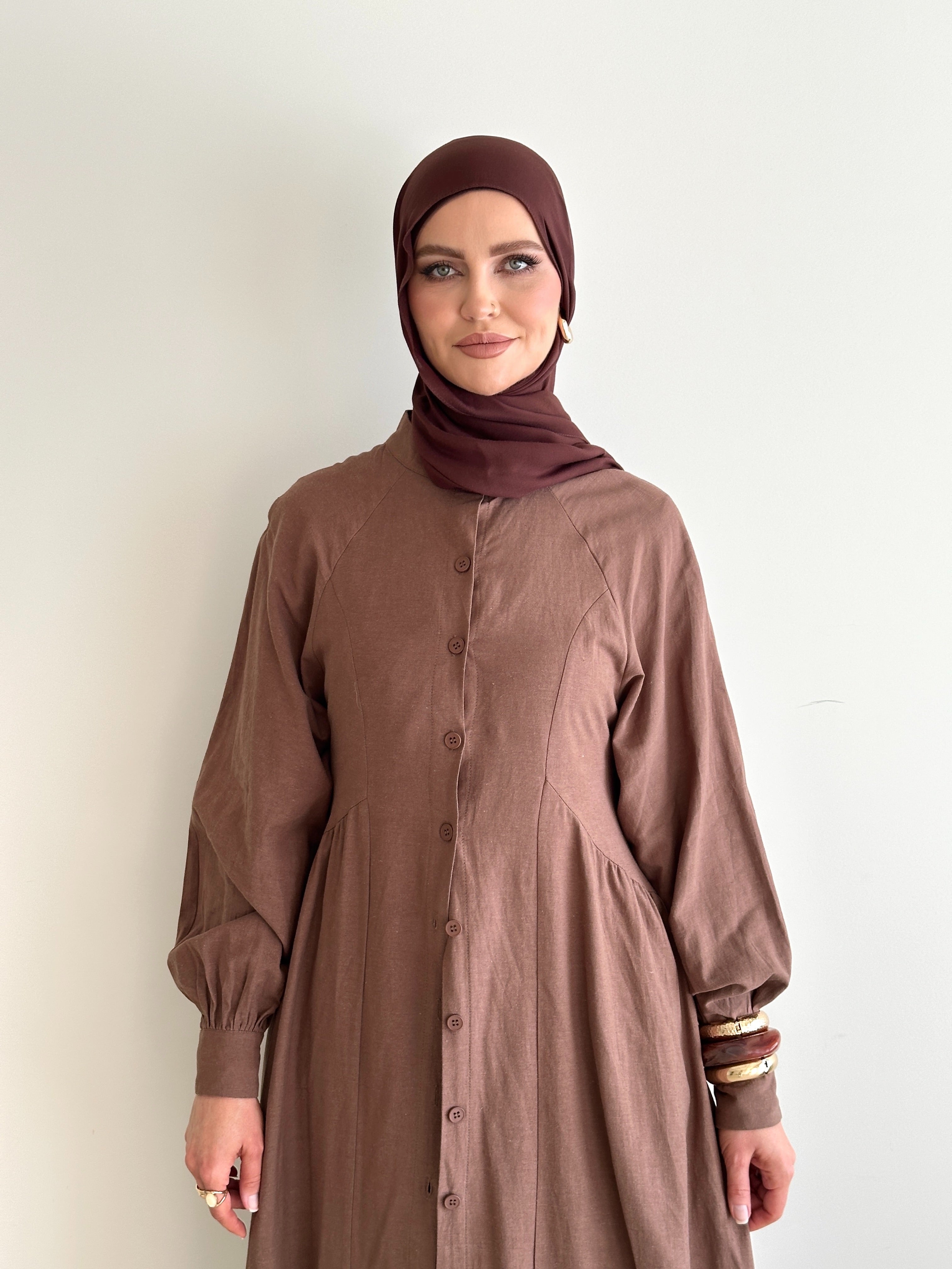 women's maxi full length dress with centre front buttons and long sleeve, spring/summer 