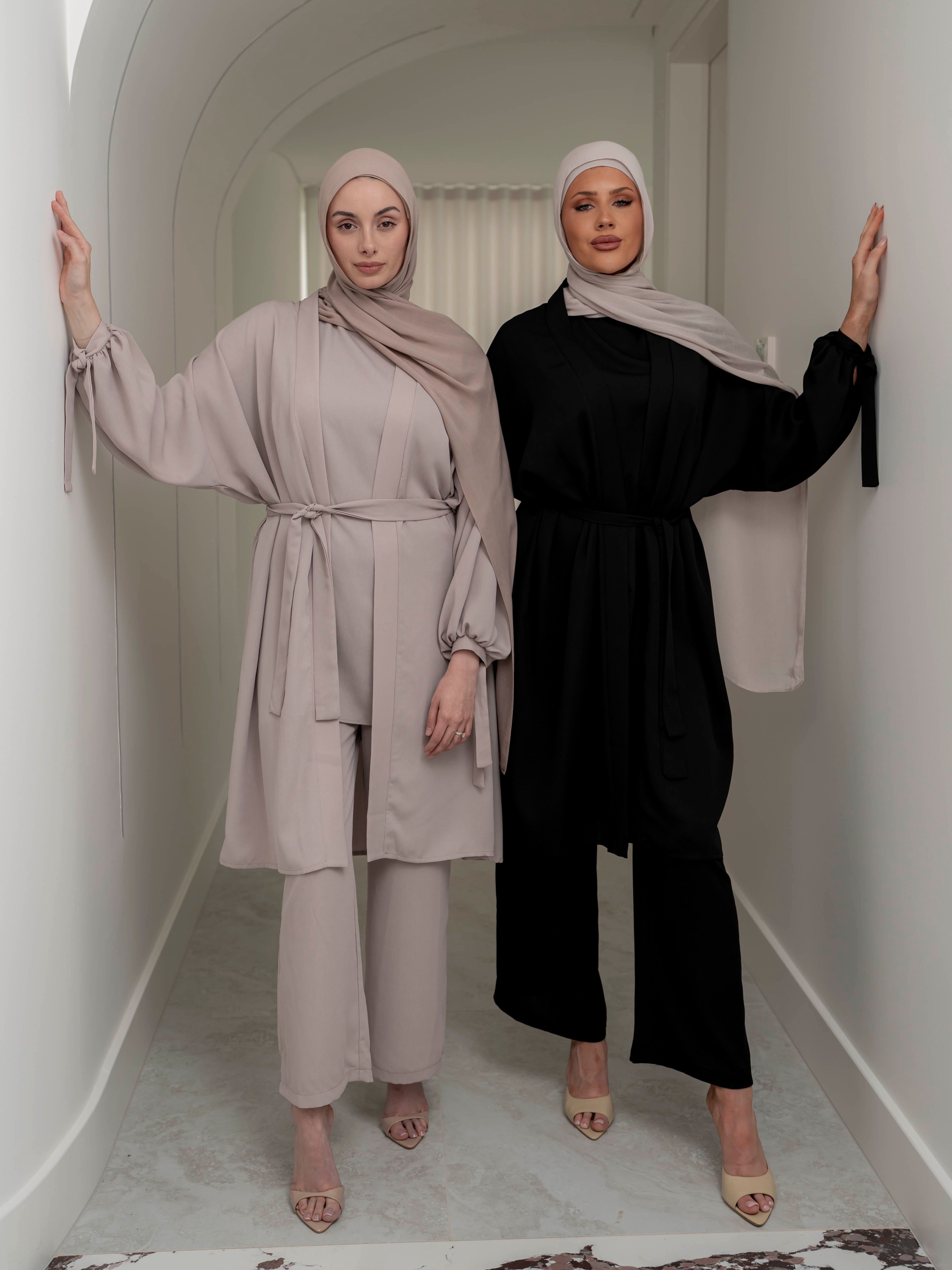 women's 3 piece co-ord matching set includes long sleeve jacket, sleeveless top with loose pant- lightweight, modest and breathable with flow and modest 