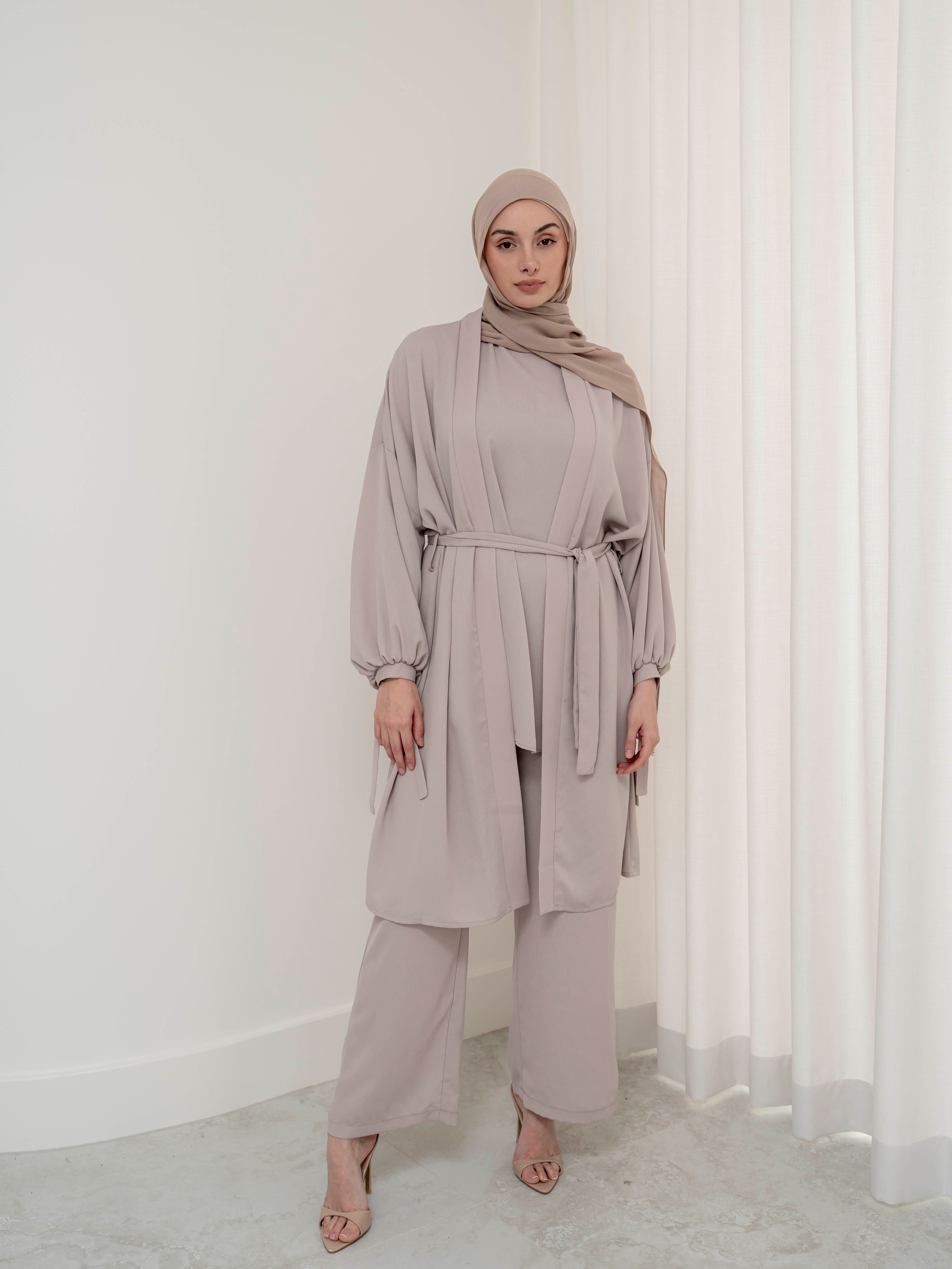 women's 3 piece co-ord matching set includes long sleeve jacket, sleeveless top with loose pant- lightweight, modest and breathable with flow and modest 