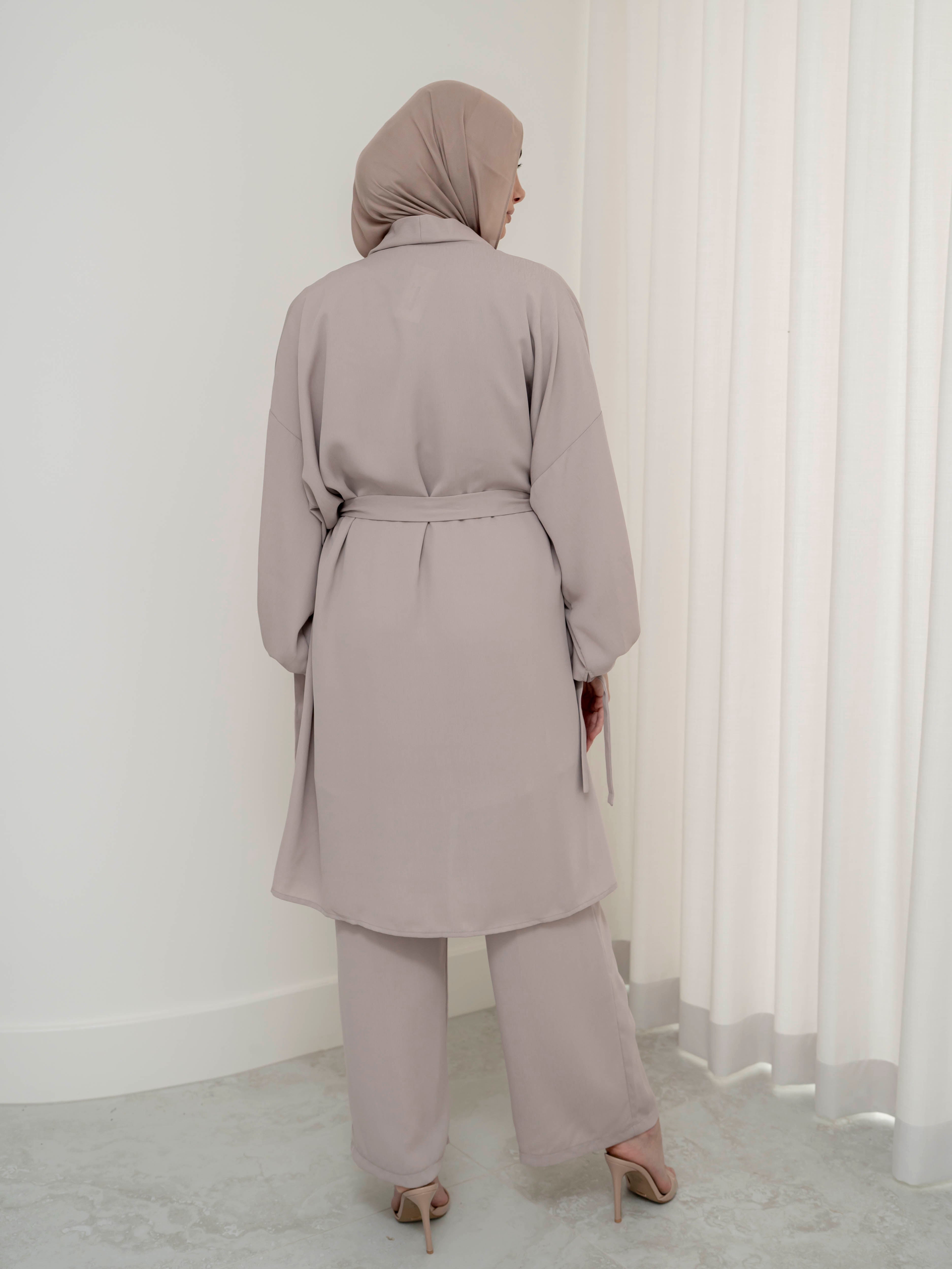 women's 3 piece co-ord matching set includes long sleeve jacket, sleeveless top with loose pant- lightweight, modest and breathable with flow and modest 