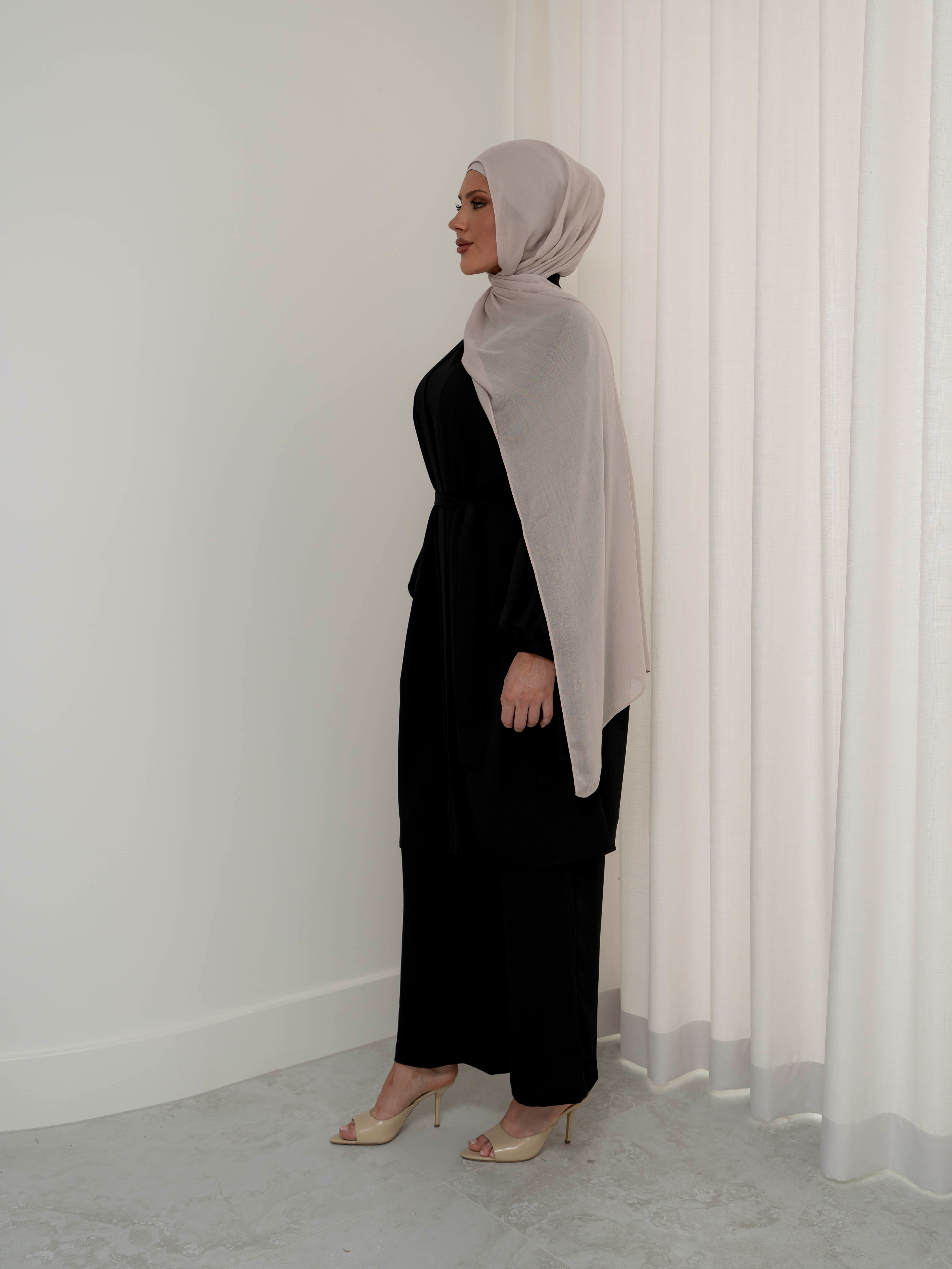 women's 3 piece co-ord matching set includes long sleeve jacket, sleeveless top with loose pant- lightweight, modest and breathable with flow and modest 