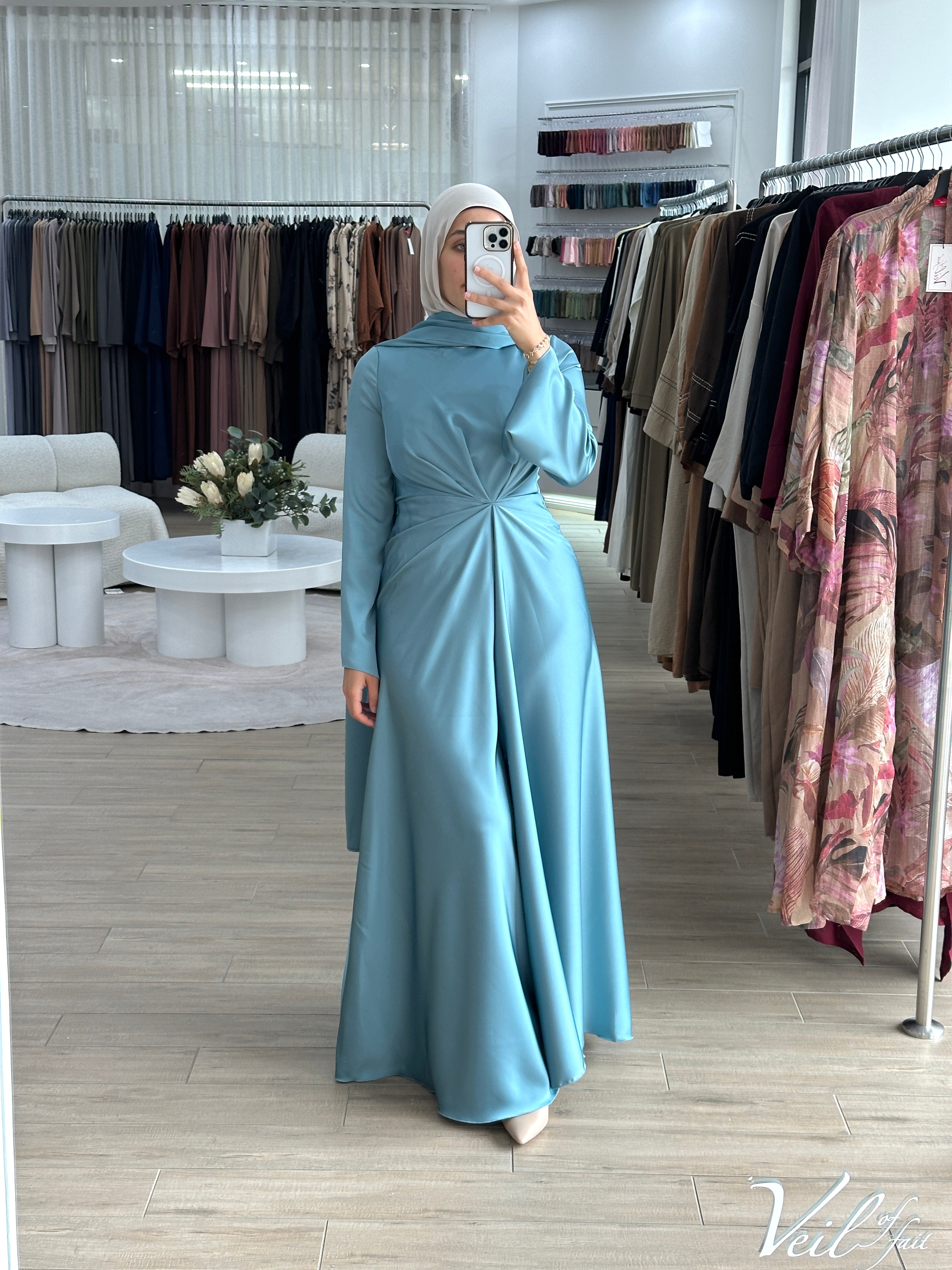 women's formal dress in satin with long sleeves and full length, maxi for modest fashion and hijabis. suitable for formals, engagement, weddings, parties and any occasion. 