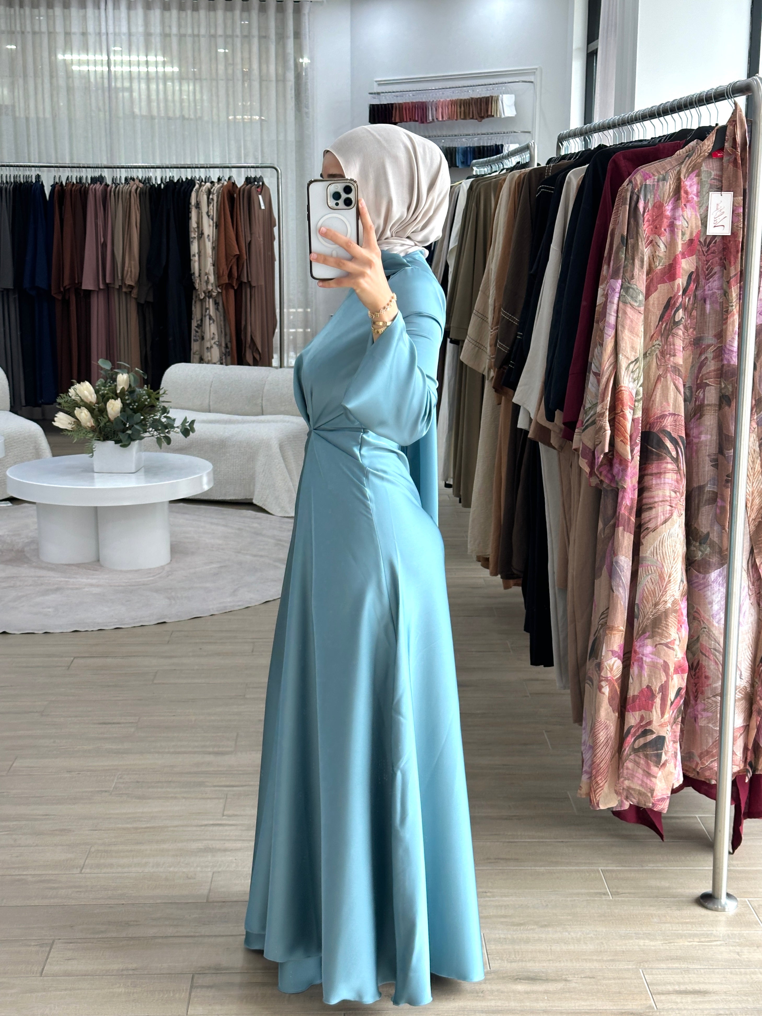 women's formal dress in satin with long sleeves and full length, maxi for modest fashion and hijabis. suitable for formals, engagement, weddings, parties and any occasion. 