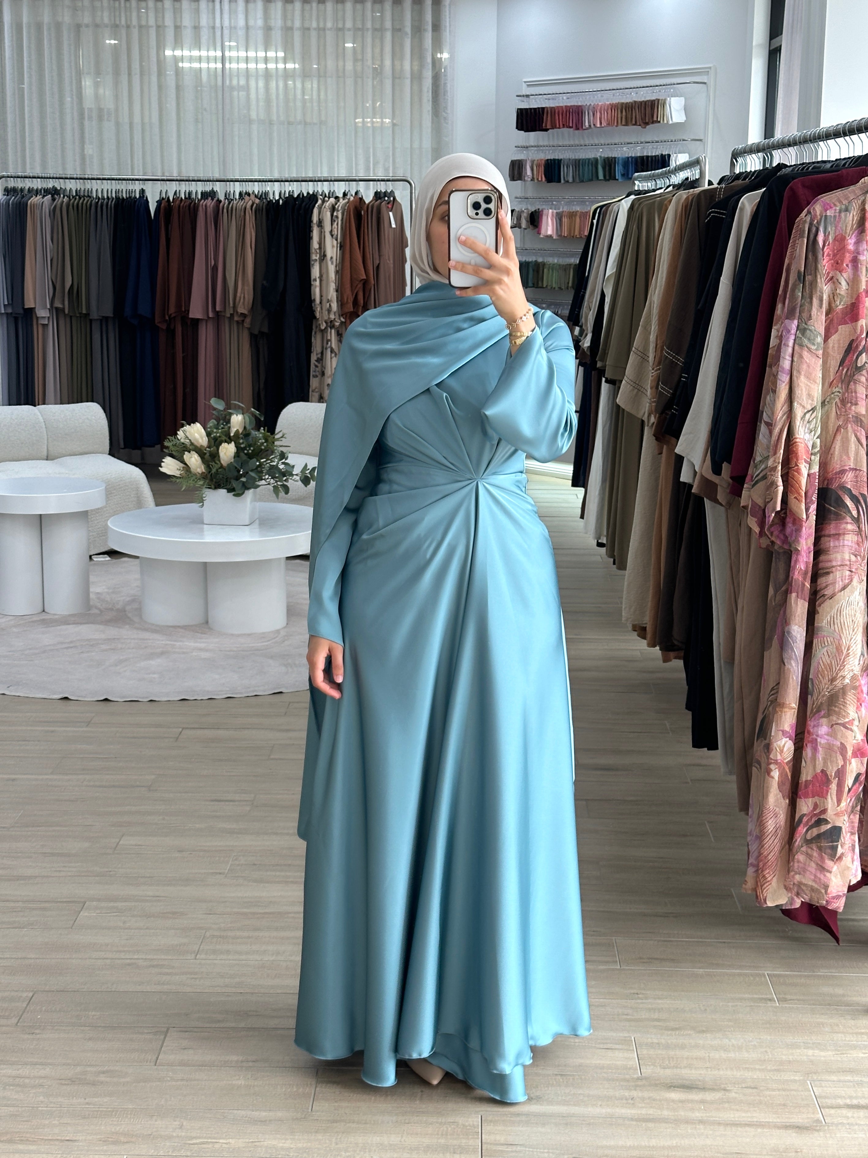 women's formal dress in satin with long sleeves and full length, maxi for modest fashion and hijabis. suitable for formals, engagement, weddings, parties and any occasion. 