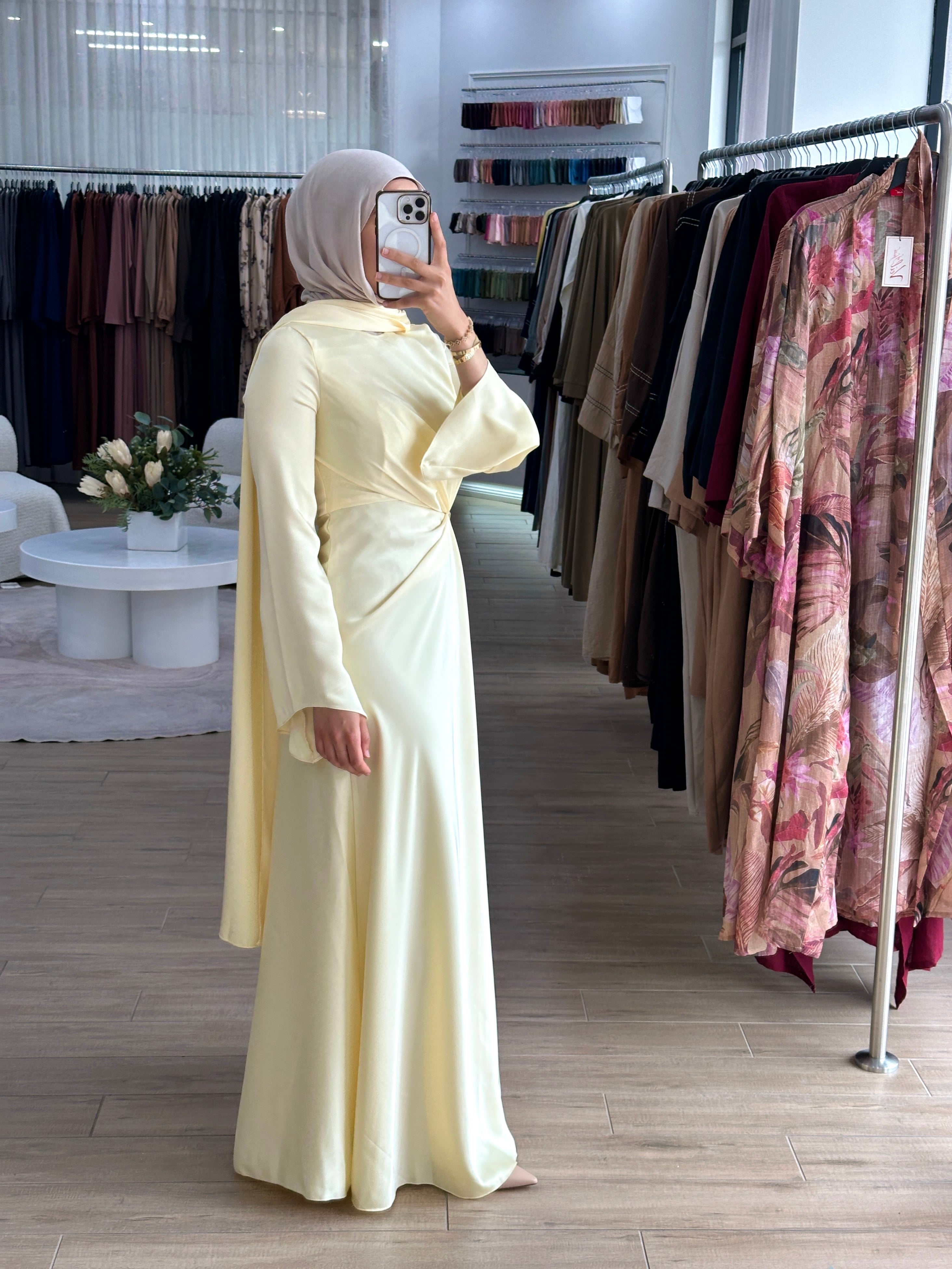 women's yellow formal dress in satin with long sleeves and full length, maxi for modest fashion and hijabis. suitable for formals, engagement, weddings, parties and any occasion. 