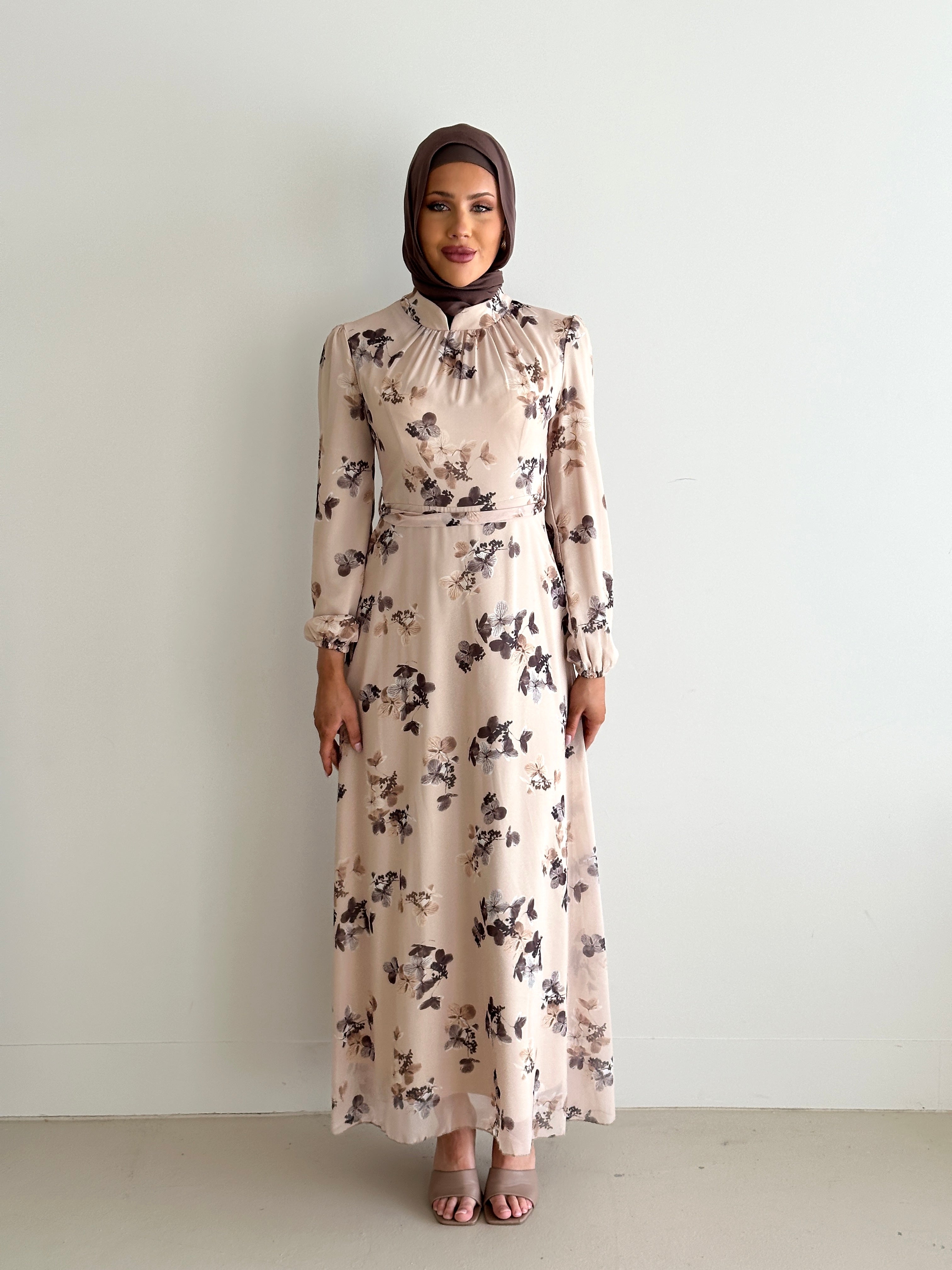 women's floral modest dress, maxi full length with long sleeves and floral chiffon print, lightweight for spring/summer