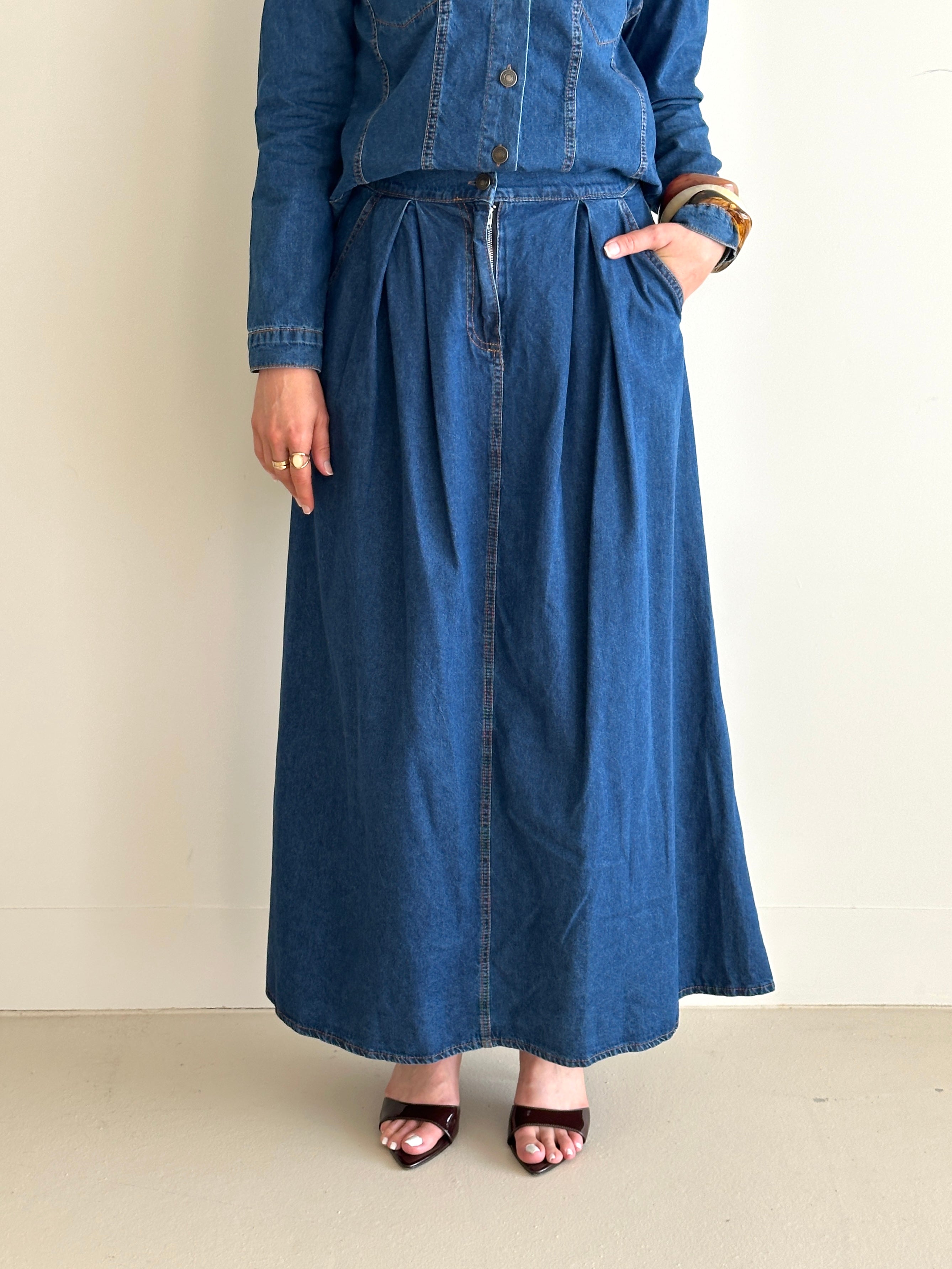 women wearing matching cargo denim jacket and skirt co-ord set for spring/summer modest fashion