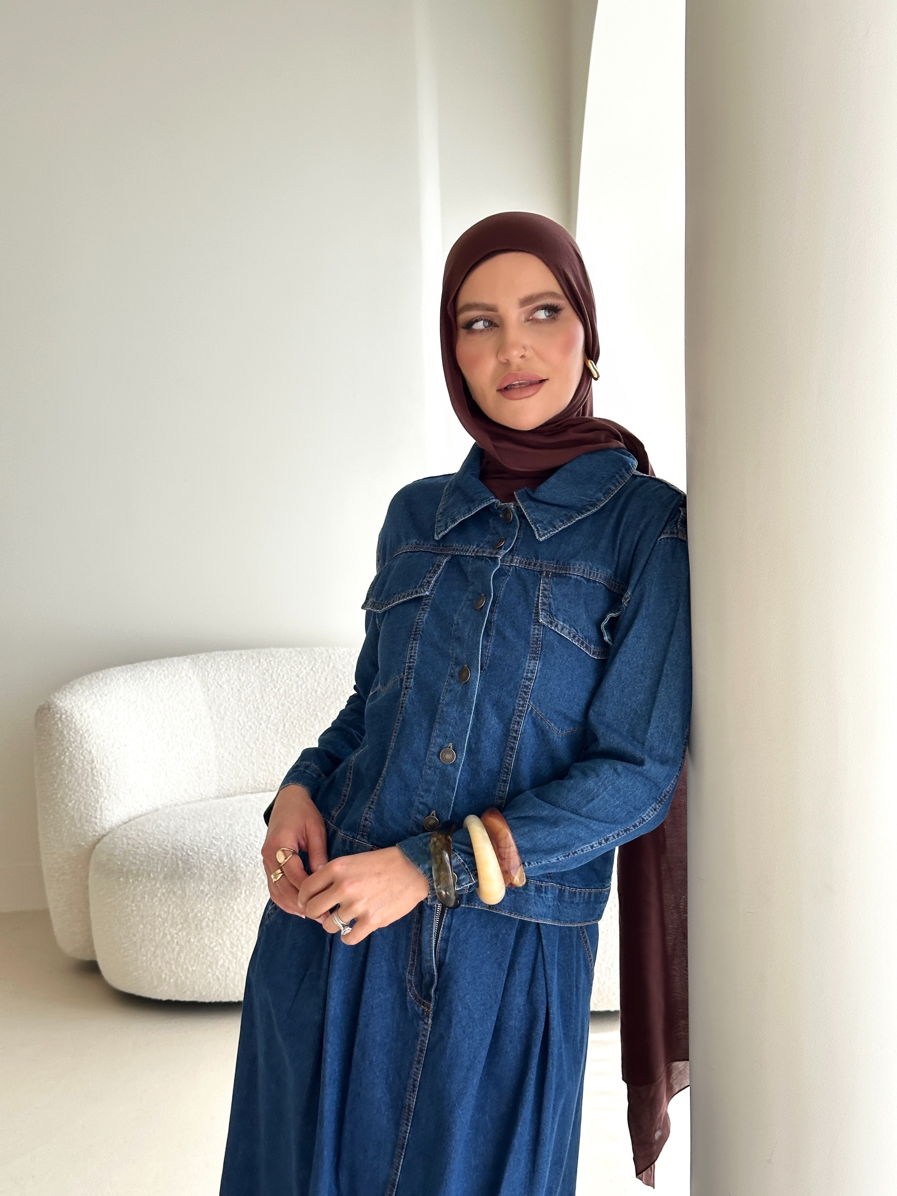 women wearing matching cargo denim jacket and skirt co-ord set for spring/summer modest fashion