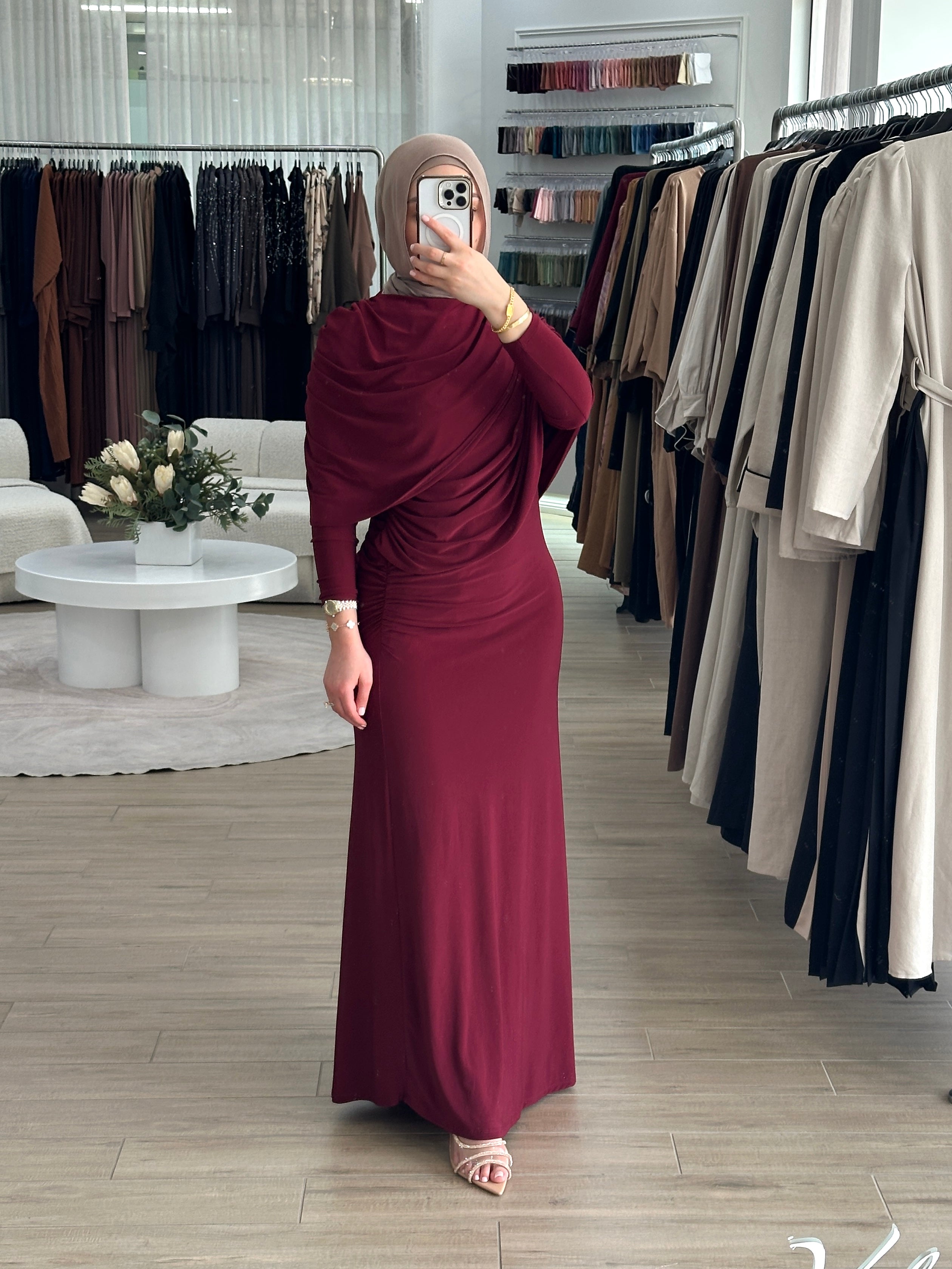 women's full length maxi formal dress in deep red, maroon, jersey fabrication with drape and ruching for parties, occasions, events, engagements, weddings. modest and lightweight with long sleeves.