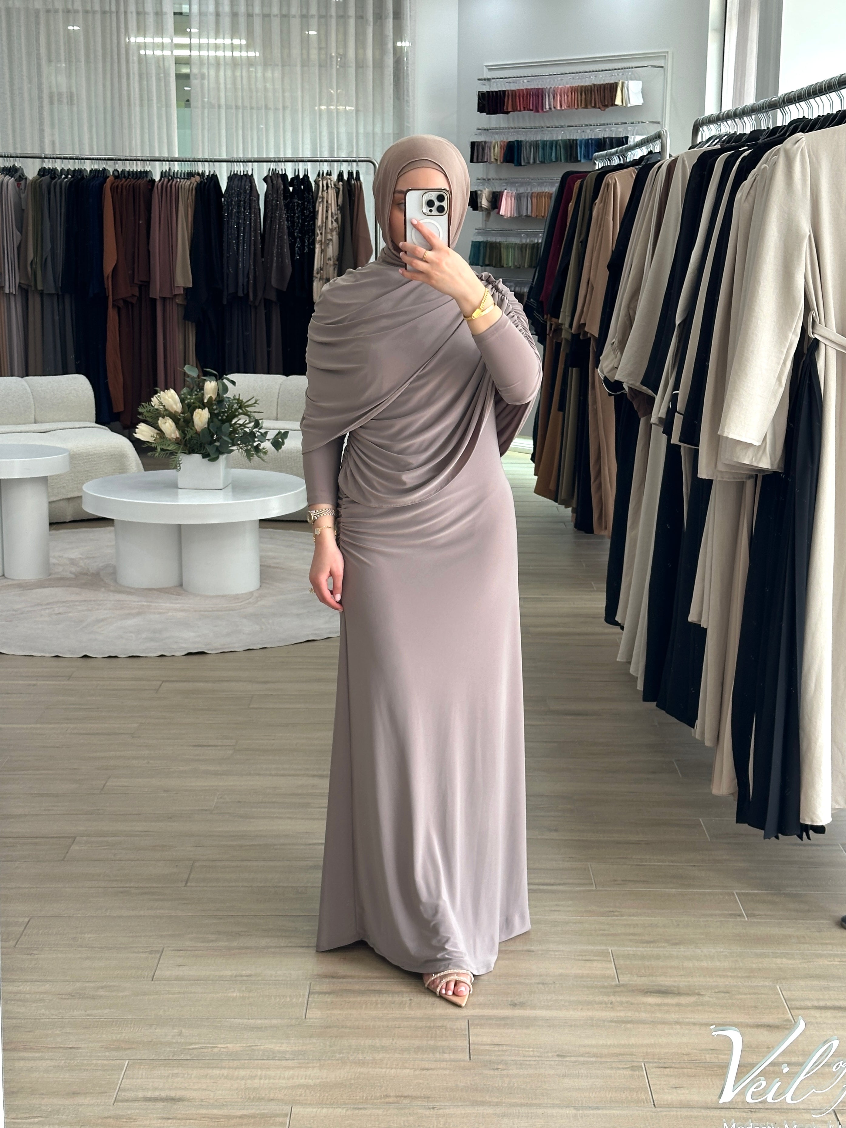 women's full length maxi formal dress in jersey with drape and ruching for parties, occasions, events, engagements, weddings. modest and lightweight with long sleeves.