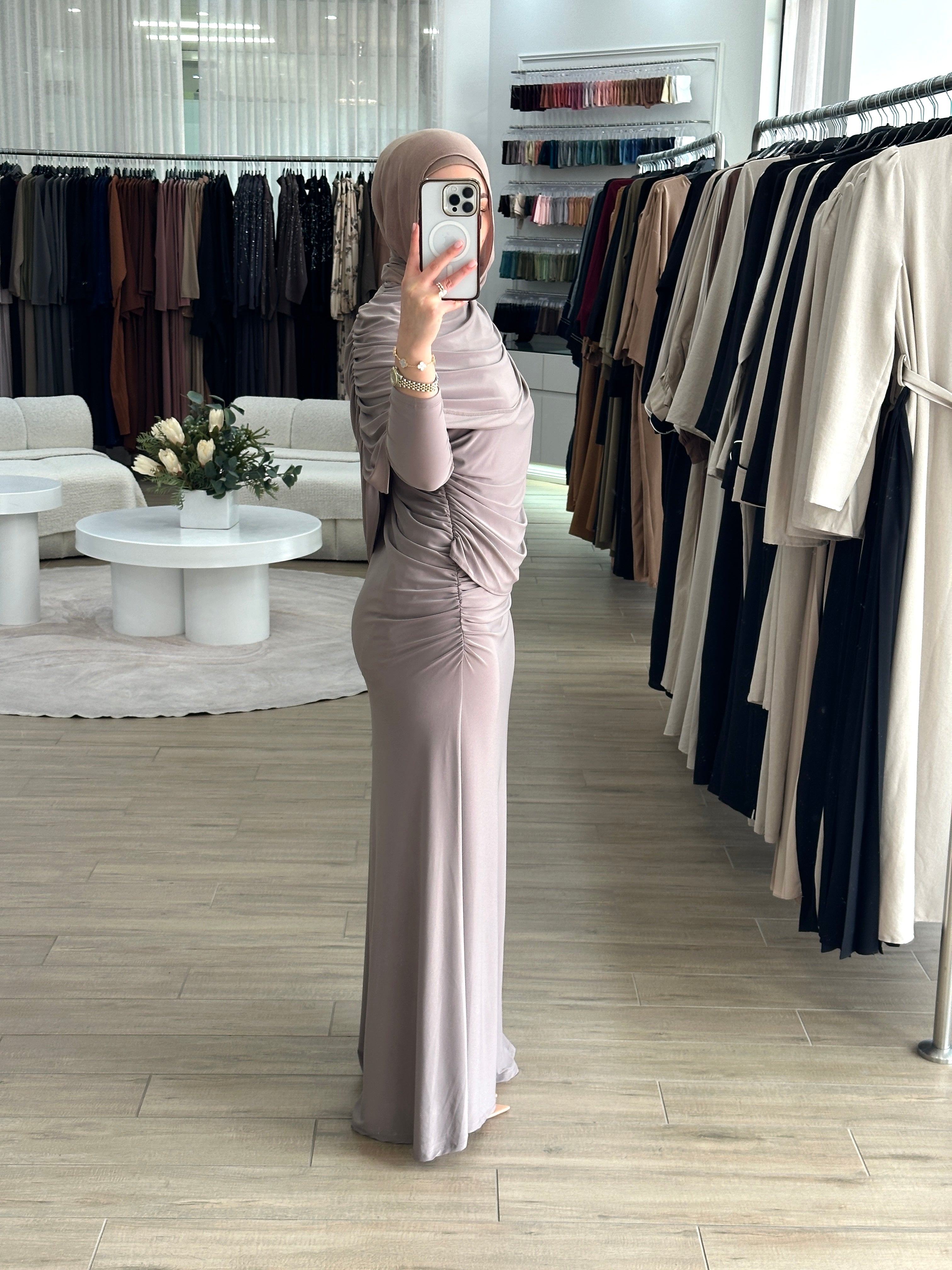 women's full length maxi formal dress in jersey with drape and ruching for parties, occasions, events, engagements, weddings. modest and lightweight with long sleeves.