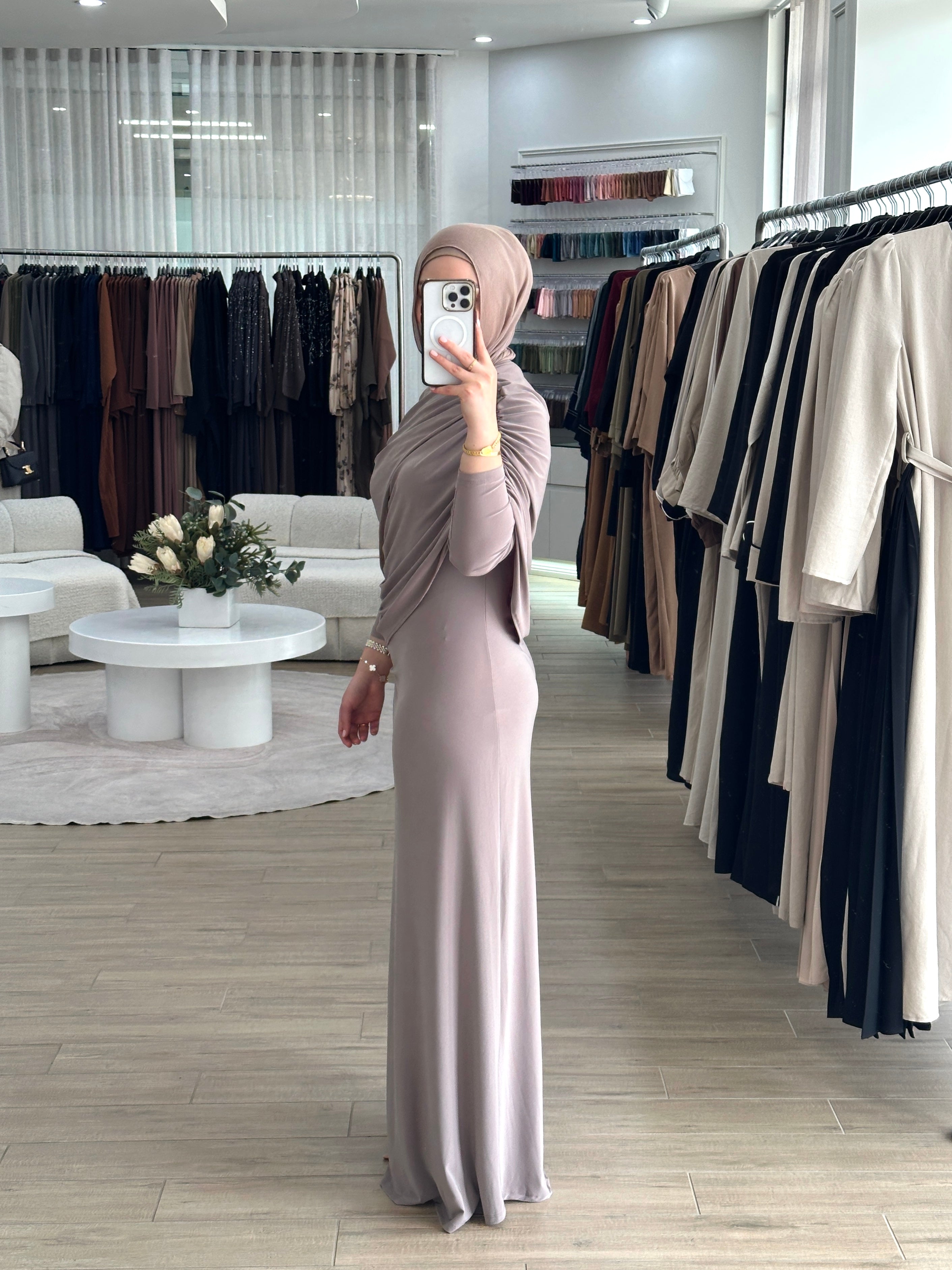 women's full length maxi formal dress in jersey with drape and ruching for parties, occasions, events, engagements, weddings. modest and lightweight with long sleeves.