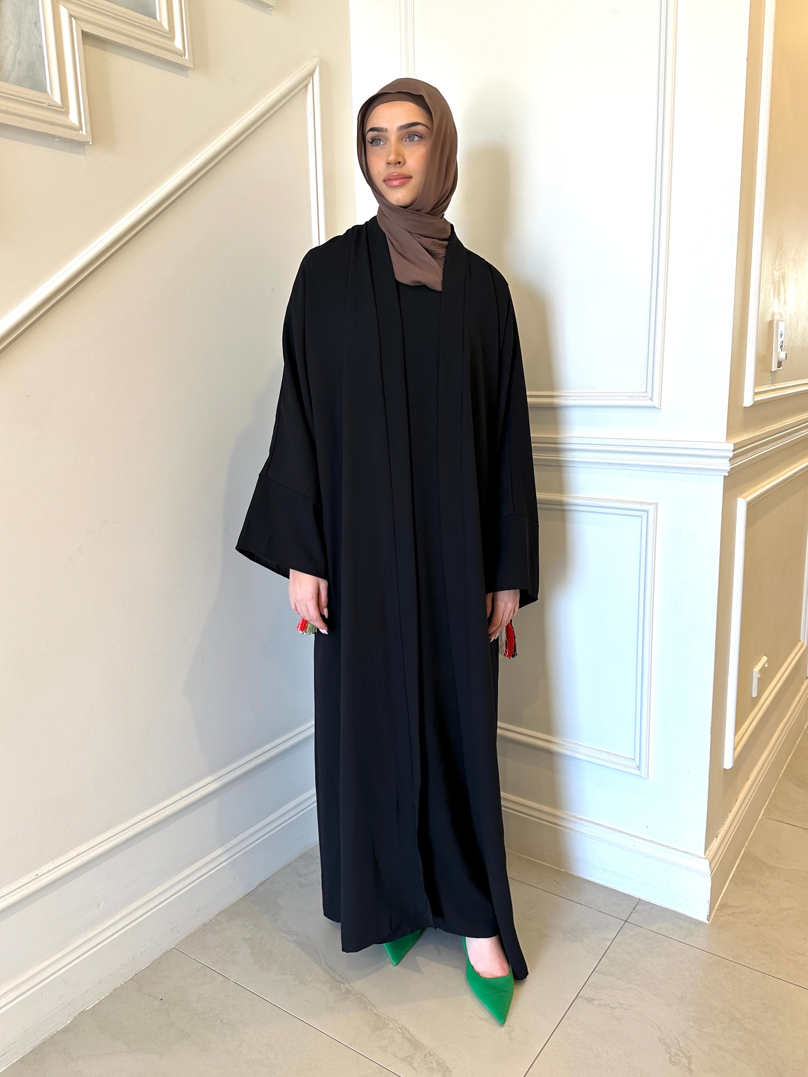 Veil of Faith Garden of Eve Abaya — elegant modest black open abaya with delicate floral design